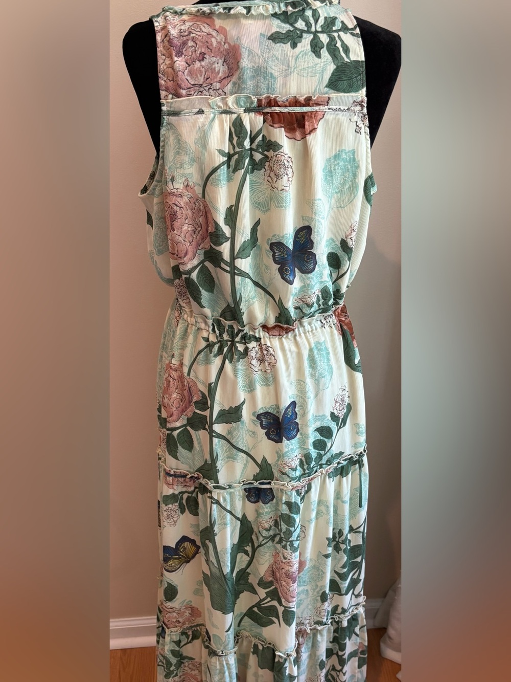Maeve Floral Tiered Maxi Dress in Cream, Green and Pink - Picture 3 of 4